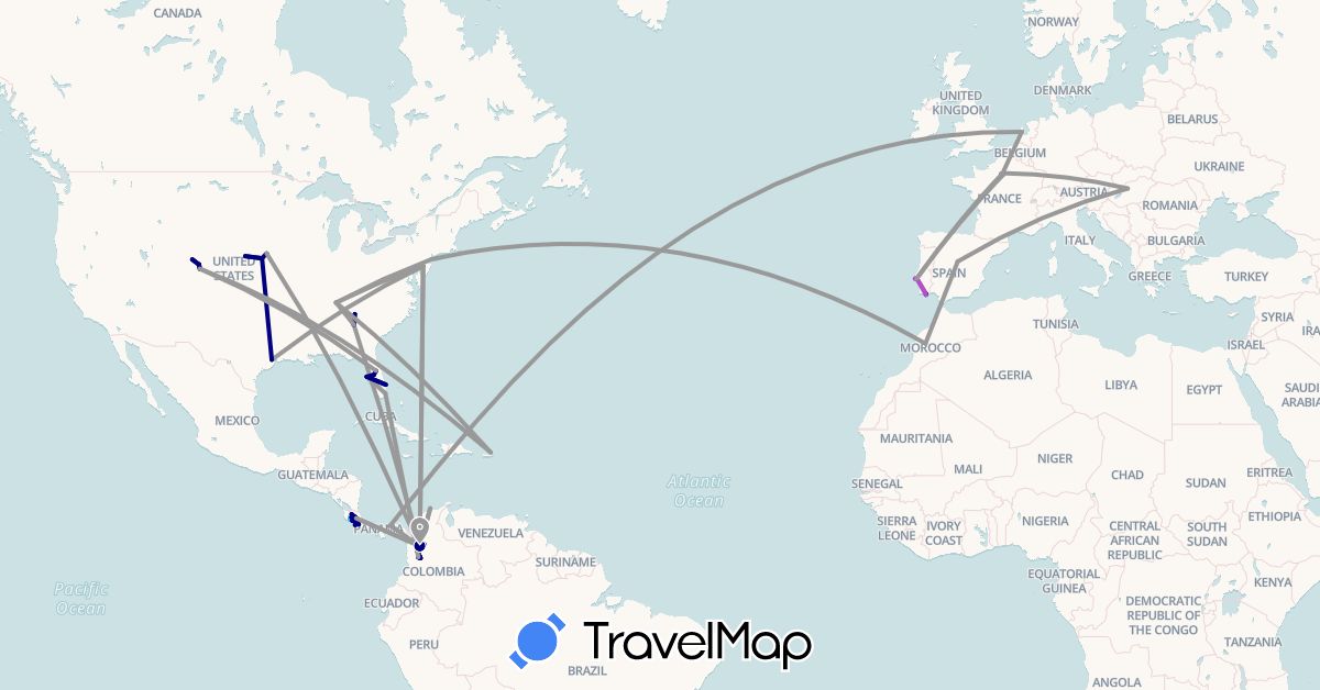 TravelMap itinerary: driving, bus, plane, train, boat in Colombia, Costa Rica, Spain, France, Hungary, Morocco, Netherlands, Panama, Portugal, United States (Africa, Europe, North America, South America)